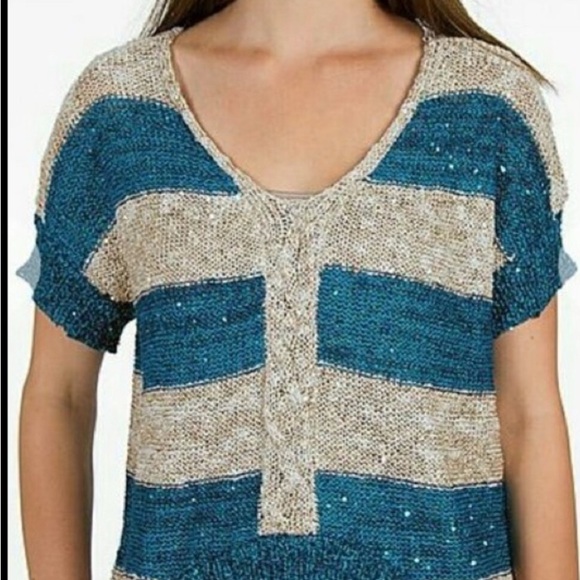 BKE Buckle Striped Sequin V Neck Short Sleeve Sweater - Picture 10 of 11